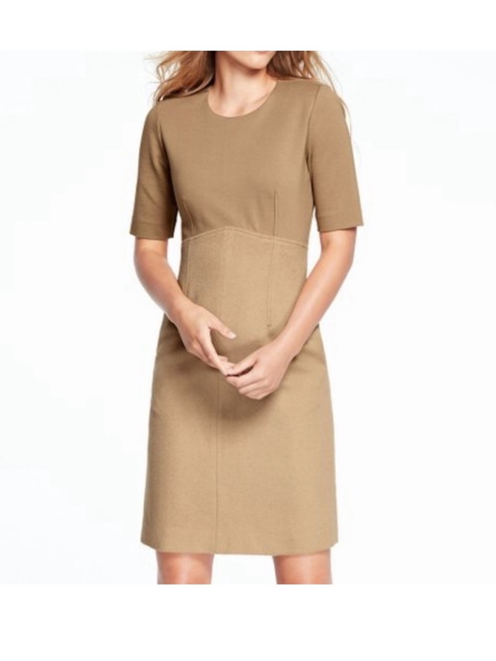 Lands’ End Canvas sz 10 Camel Tan Short Sleeve Dress mixed media wool cashmere